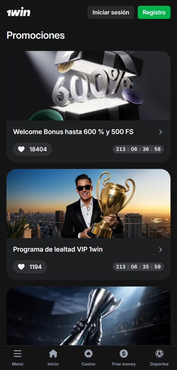 Descubre la sección de bonos dentro de la app de 1win para ganar más.