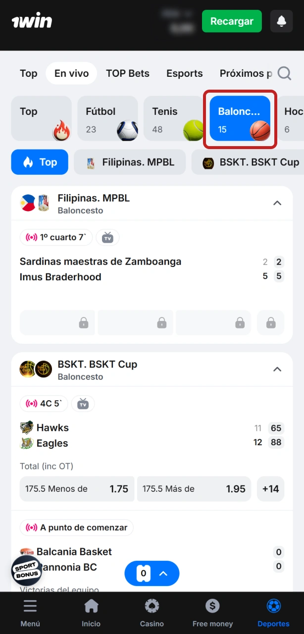 Ingresa a la sección Deportes de 1win y busca los eventos de baloncesto.