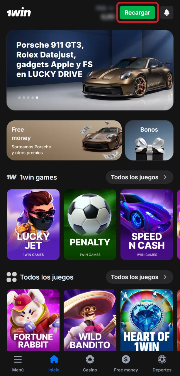 Ir a la sección de depósito para fondear tu saldo en 1win.