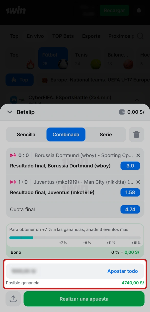 Ingresa el monto de tu apuesta y gestiona tu saldo 1win.