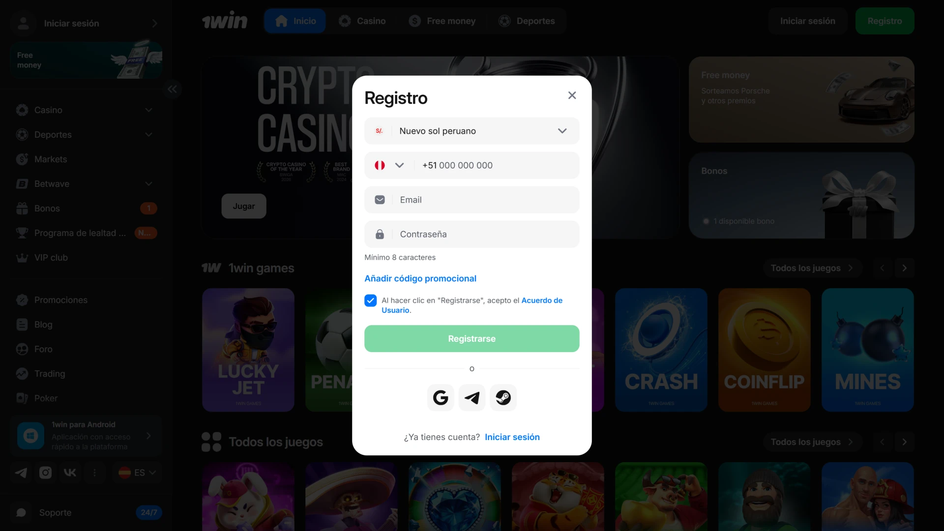 Crea una cuenta nueva mediante el registro rápido en 1win.
