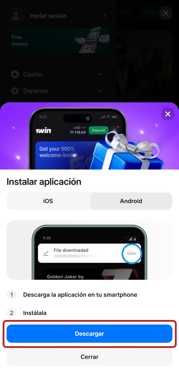 Descarga la app de 1win en tu dispositivo para iniciar el registro.
