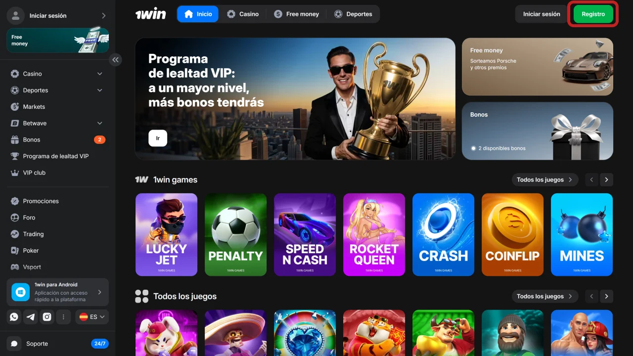 Abre el formulario de registro en la página de registro de 1win.