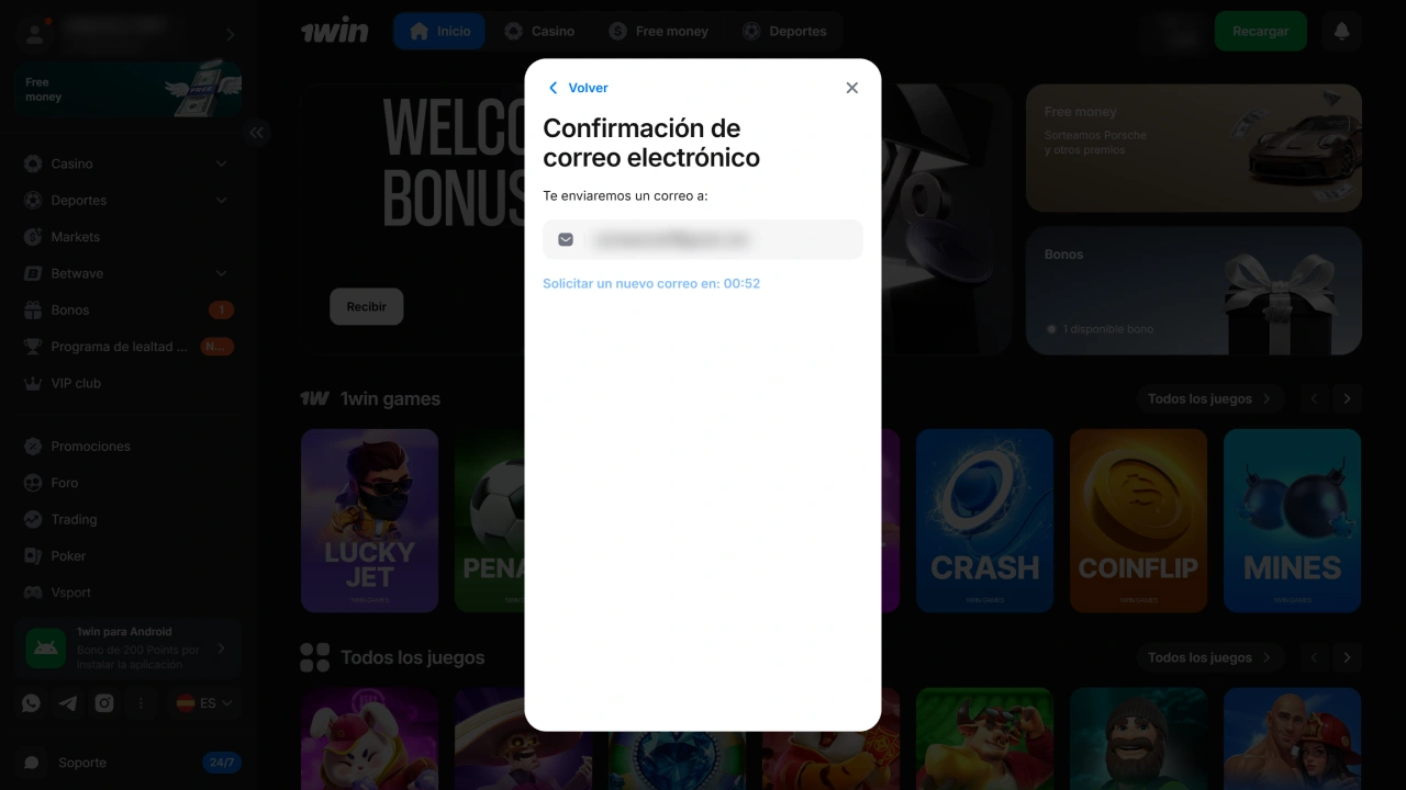 Confirma tu cuenta y finaliza el proceso de registro en 1win.