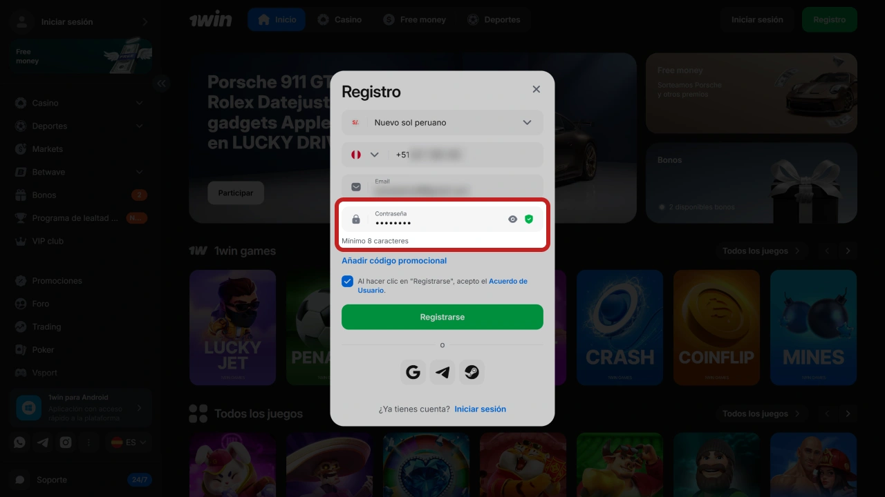 Crea una contraseña segura para proteger tu cuenta de registro en 1win.