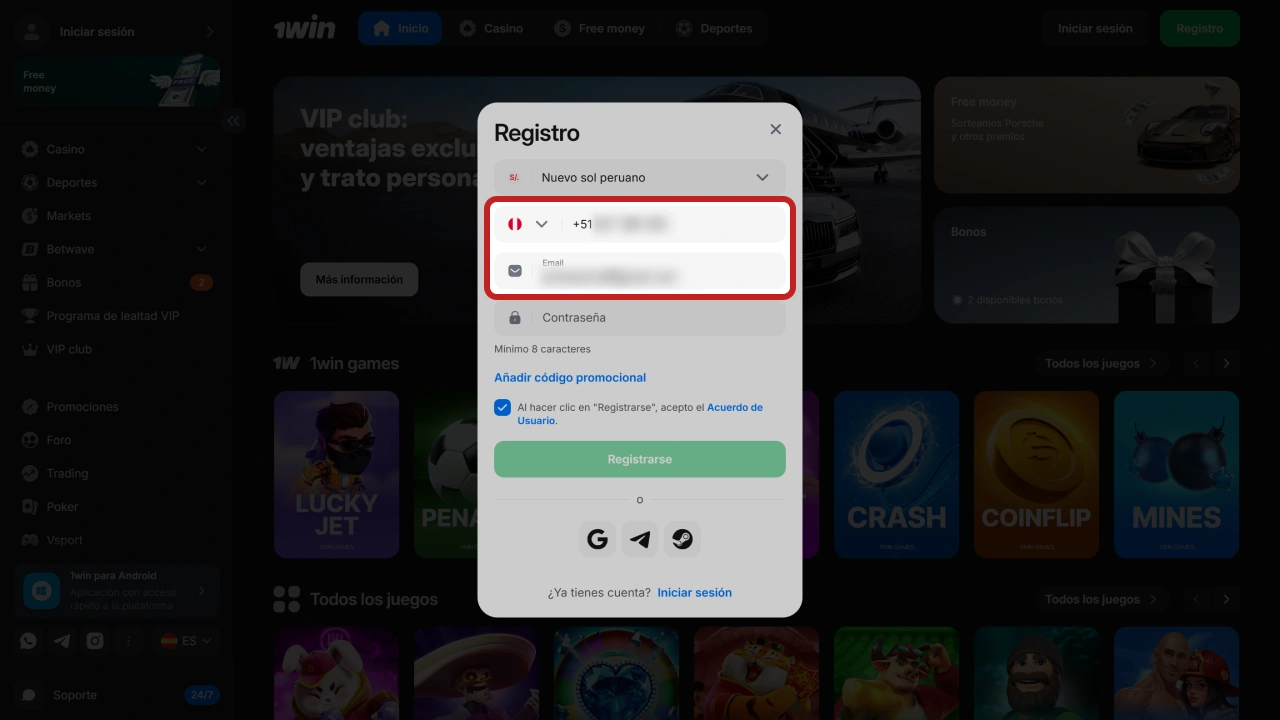 Completa tus datos personales para avanzar con tu registro en 1win.