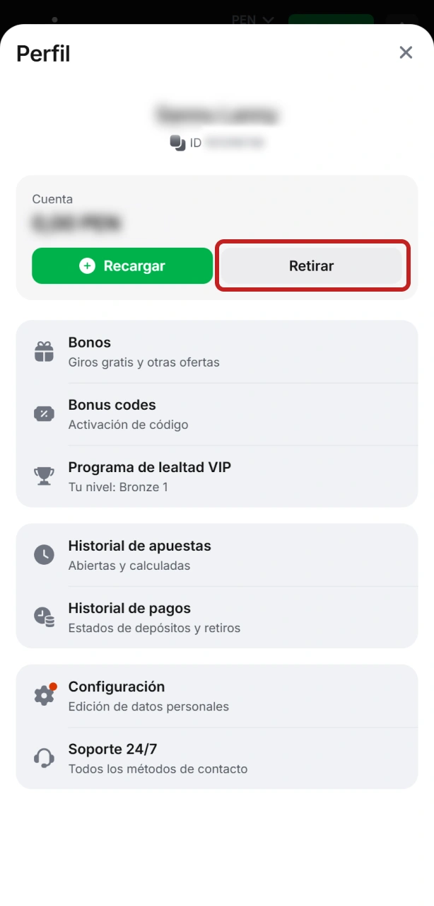 Ve a la sección de Caja para procesar tu retiro en 1win.