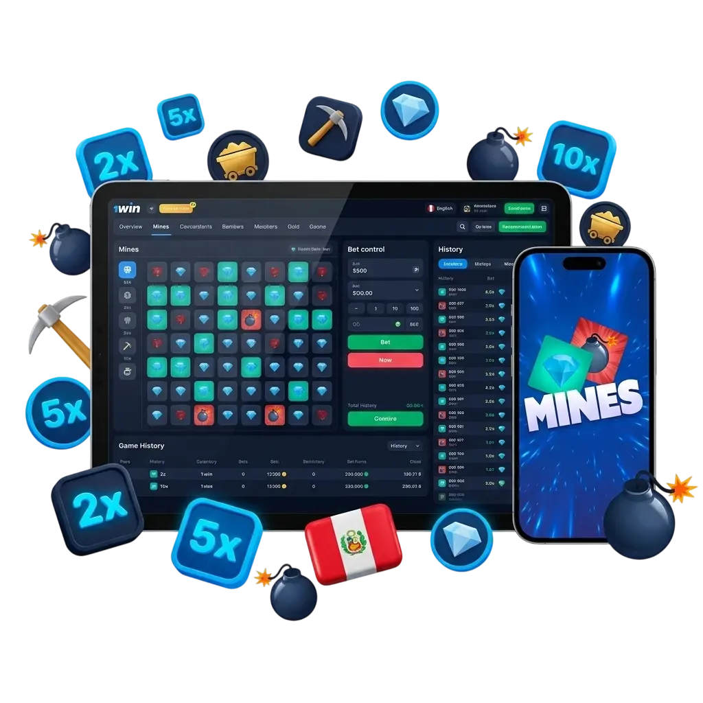 Interfaz del juego Mines en 1win Perú con cuadrícula de casillas y opción de jugar con dinero real